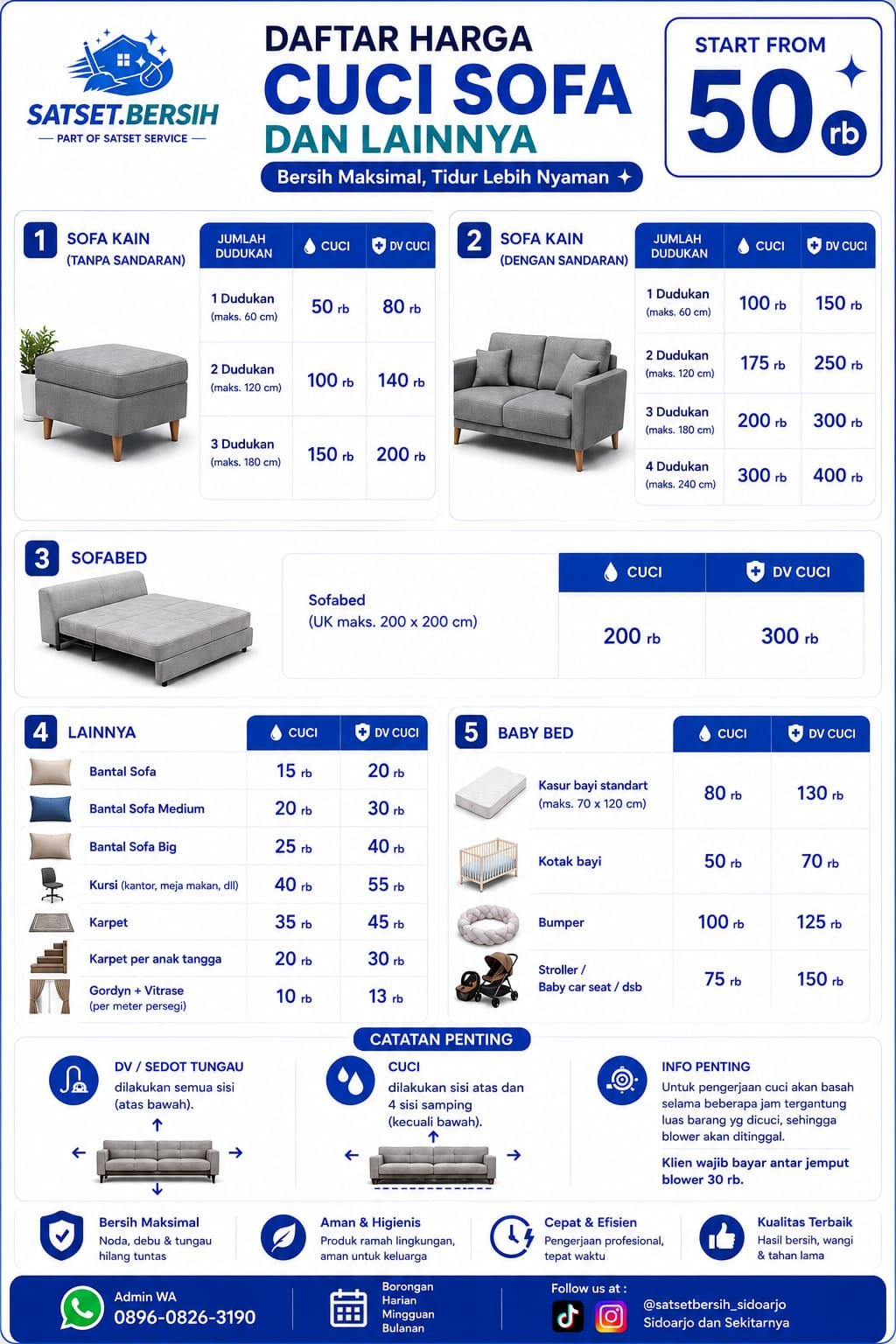 Daftar harga cuci sofa Satset Bersih mulai 50 ribu